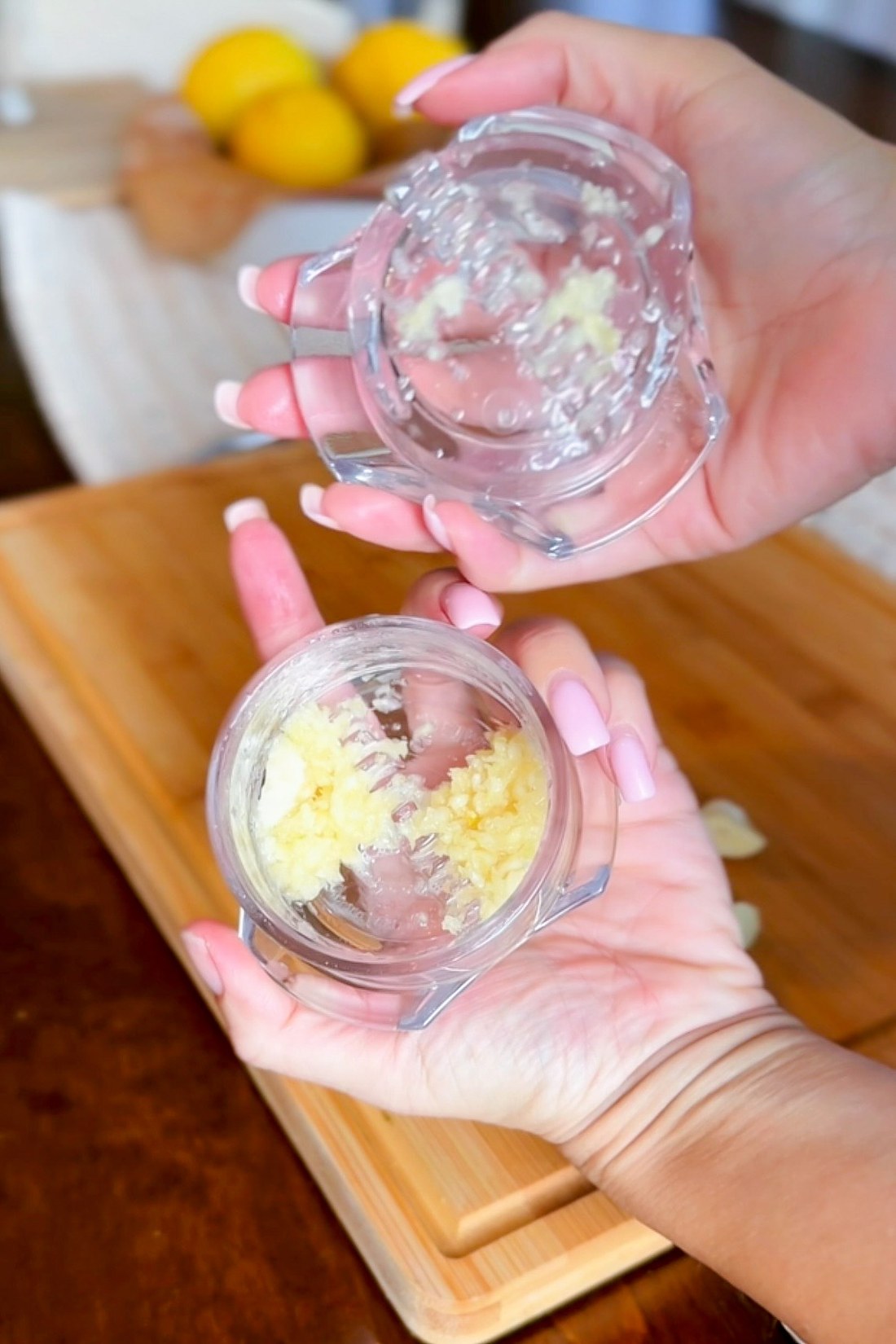 Clear garlic twister opened to show finely minced garlic inside