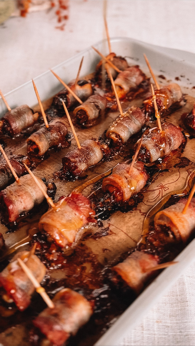 Close up of baked bacon wrapped dates glazed with honey in the baking dish
