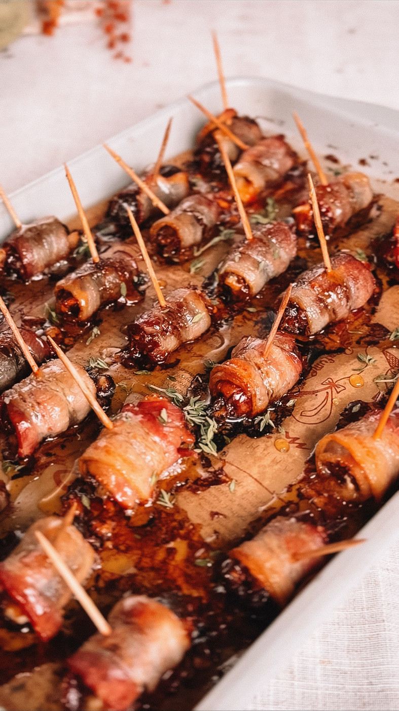 Baked bacon wrapped dates in a white dish, scattered with fresh thyme