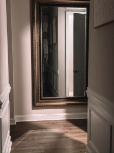The dark framed hallway mirror